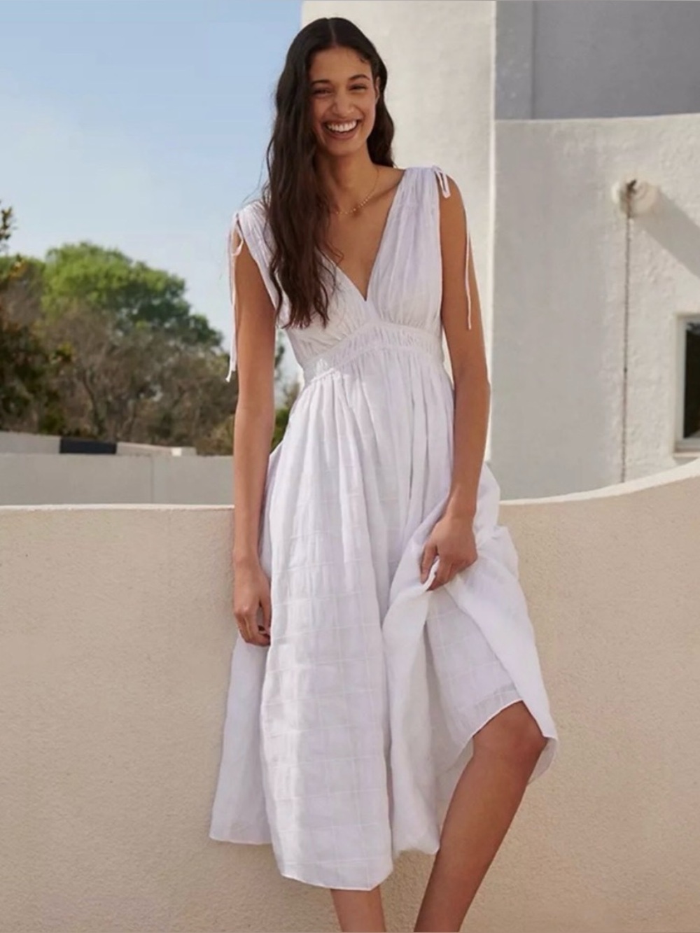 Madewell White V-Neck Tie-Shoulder Midi Dress